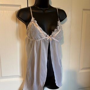 La SENZA Sheer Lace-Trim Chemise in Light Blue and White